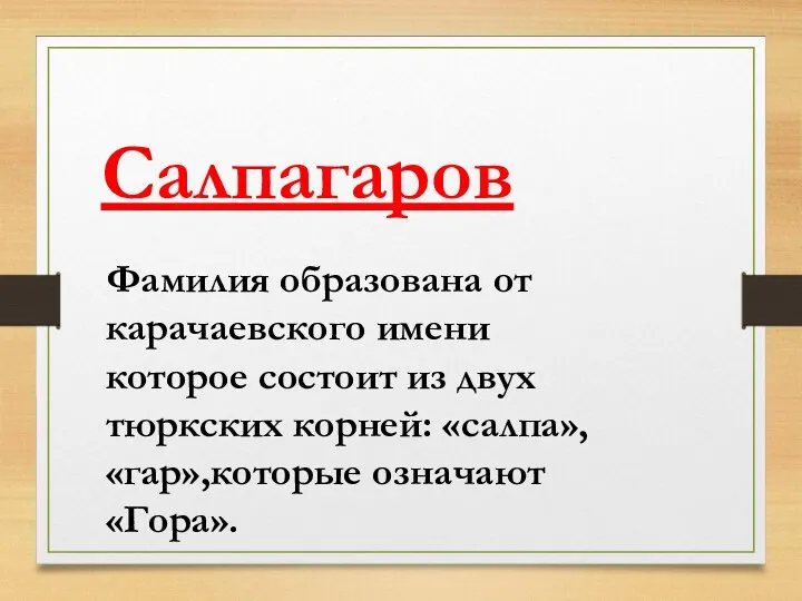 Фамилия образована от карачаевского имени которое состоит из двух тюркских корней: «салпа»,«гар»,которые означают «Гора». Салпагаров