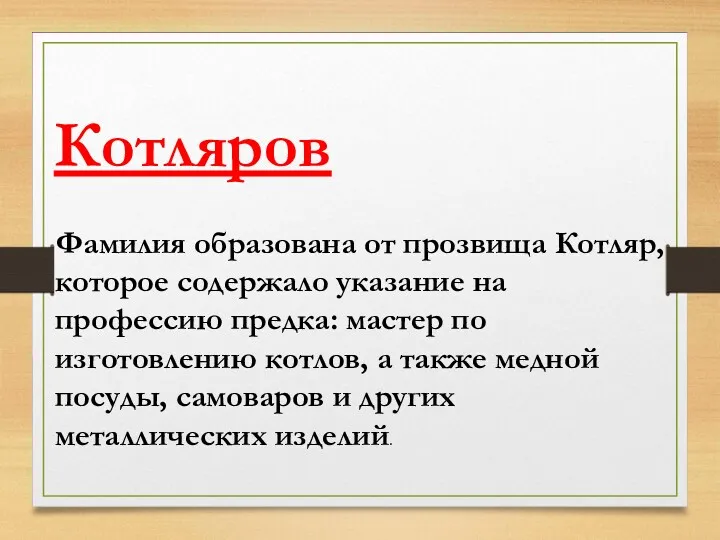 Фамилия образована от прозвища Котляр, которое содержало указание на профессию