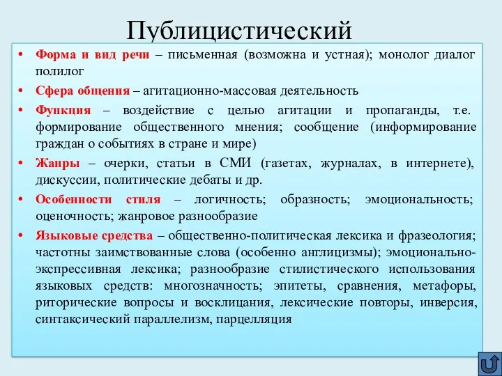 Публицистический Форма и вид речи – письменная (возможна и устная);