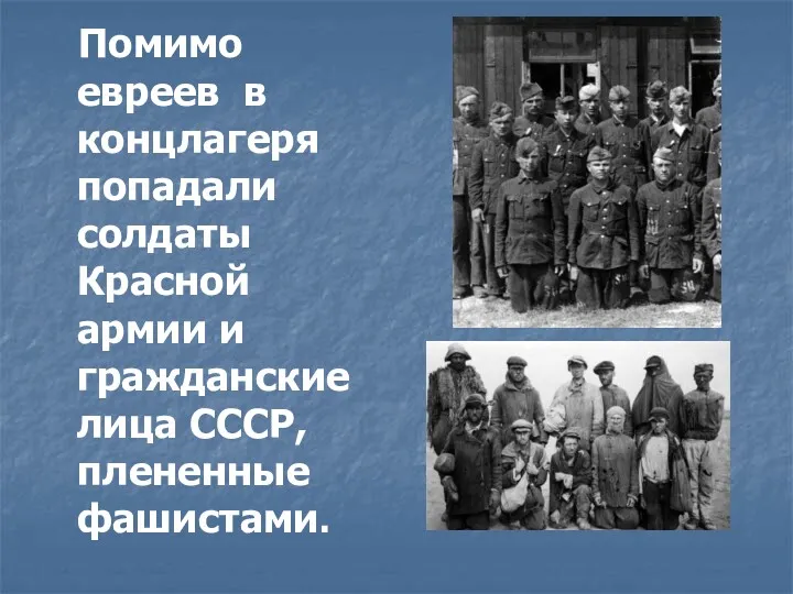 Помимо евреев в концлагеря попадали солдаты Красной армии и гражданские лица СССР, плененные фашистами.