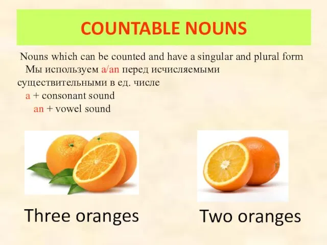 Three oranges Two oranges COUNTABLE NOUNS Nouns which can be counted and have