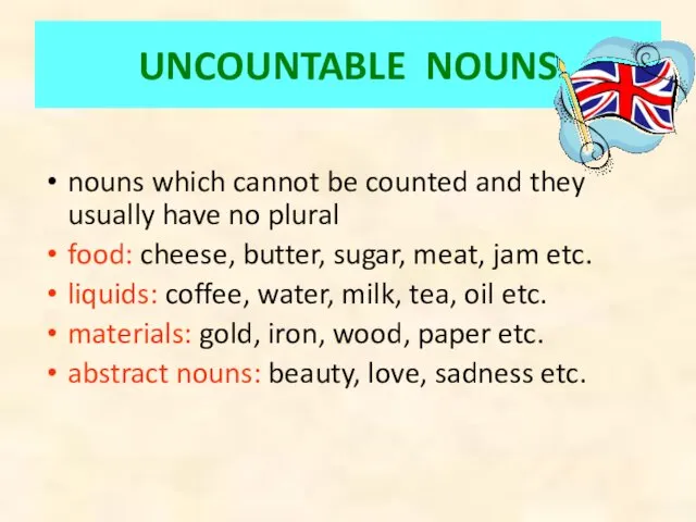 UNCOUNTABLE NOUNS nouns which cannot be counted and they usually have no plural