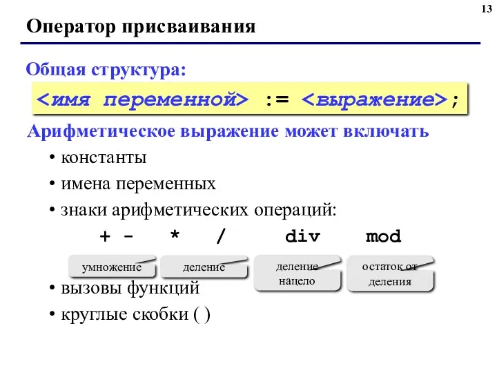 Оператор присваивания Общая структура: Арифметическое выражение может включать константы имена переменных знаки арифметических