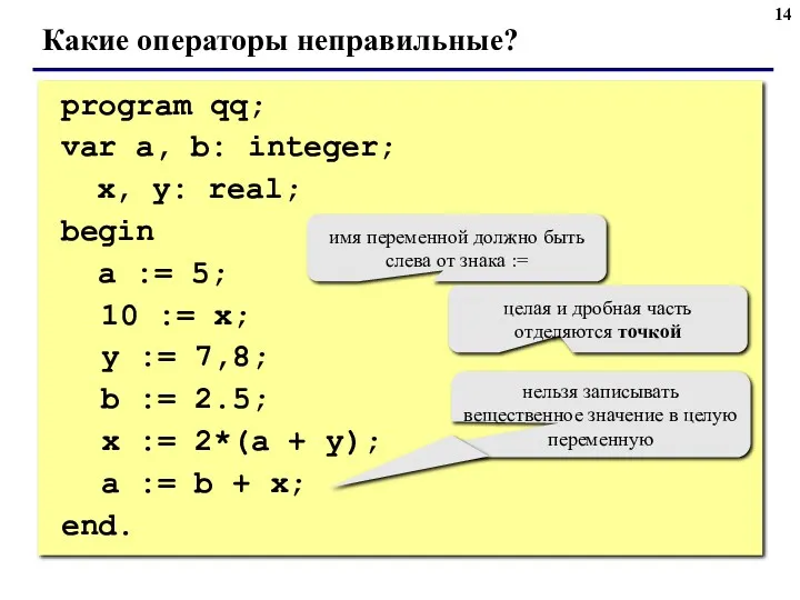 program qq; var a, b: integer; x, y: real; begin a := 5;