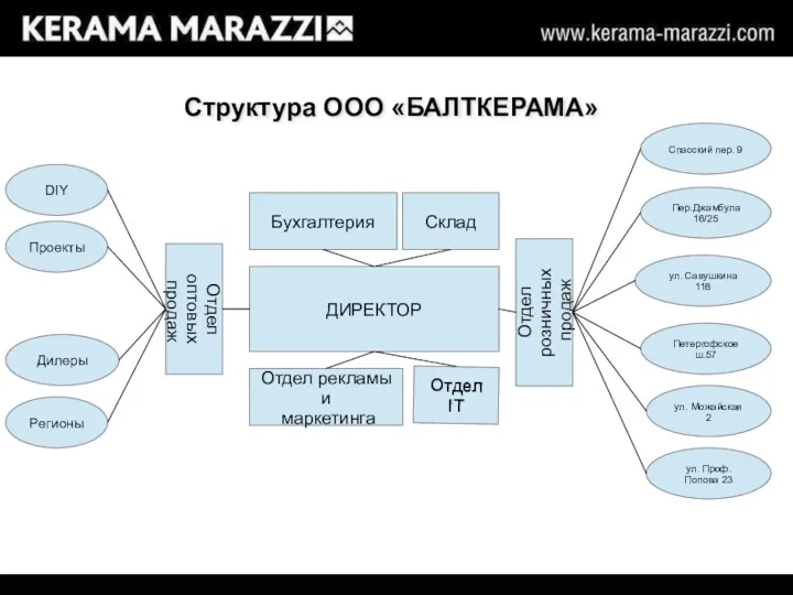 Структура ООО «БАЛТКЕРАМА» ДИРЕКТОР Отдел оптовых продаж Отдел розничных продаж