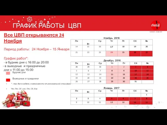 ГРАФИК РАБОТЫ ЦВП Все ЦВП открываются 24 Ноября Период работы: