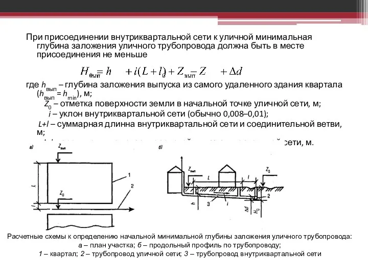 При присоединении внутриквартальной сети к уличной минимальная глубина заложения уличного