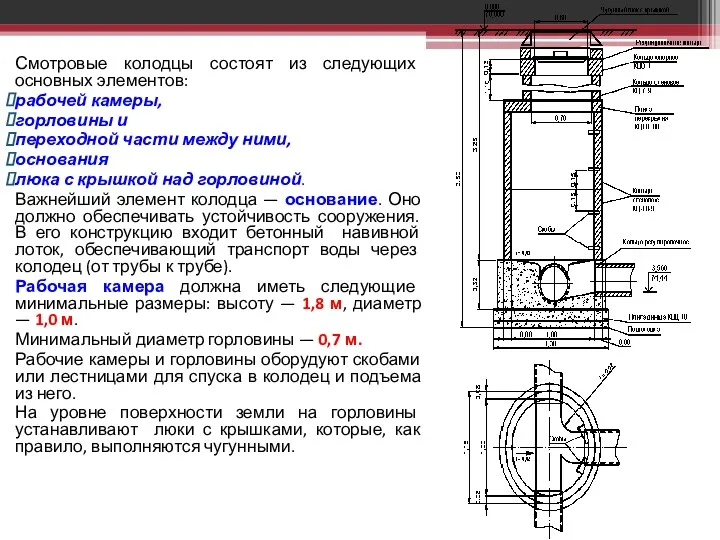 Смотровые колодцы состоят из следующих основных элементов: рабочей камеры, горловины