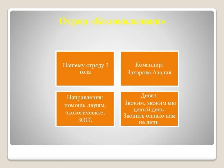 Отряд «Колокольчики» Нашему отряду 3 года Командир: Захарова Азалия Направления: