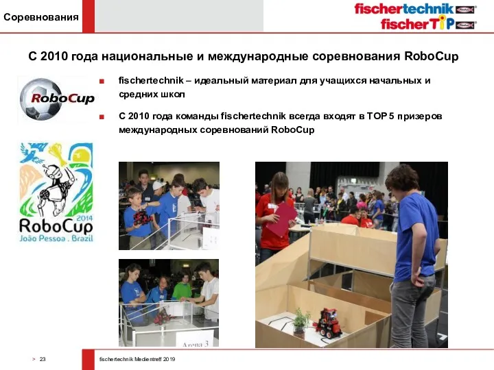 С 2010 года национальные и международные соревнования RoboCup fischertechnik –