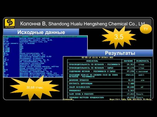 Колонна В, Shandong Hualu Hengsheng Chemical Co., Ltd Исходные данные Результаты 3,5 30,88 т/час TY