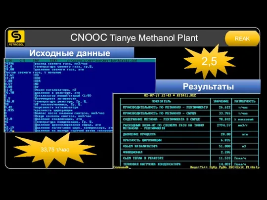 CNOOC Tianye Methanol Plant Исходные данные Результаты 2,5 33,75 т/час REAK