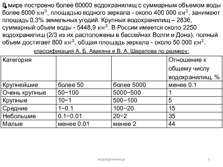 водохранилища классификация А. Б. Авакяна и В. А. Шарапова по размеру: