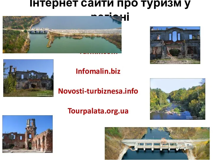 Інтернет сайти про туризм у регіоні Turmir.com Infomalin.biz Novosti-turbiznesa.info Tourpalata.org.ua