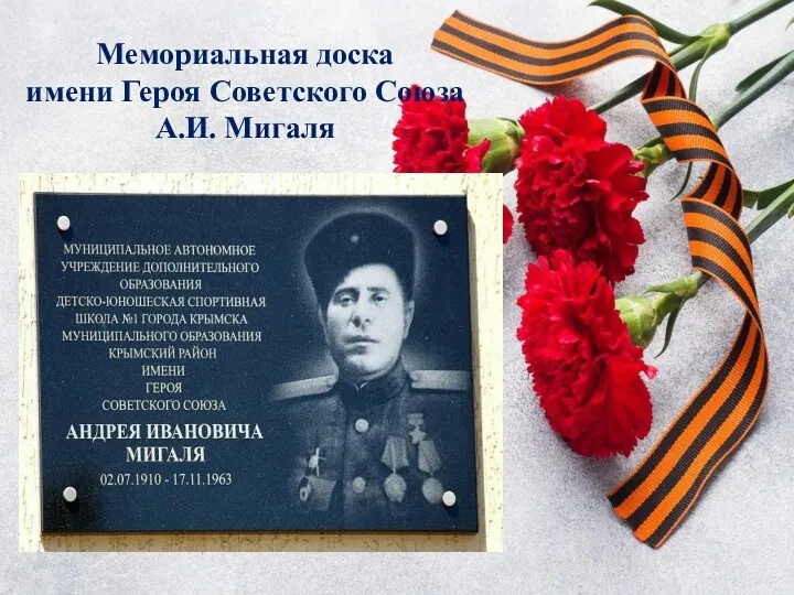 Мемориальная доска имени Героя Советского Союза А.И. Мигаля
