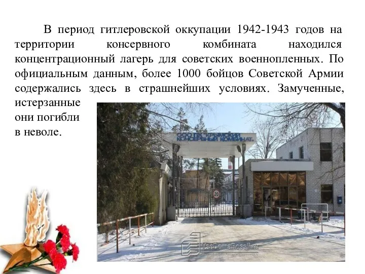 В период гитлеровской оккупации 1942-1943 годов на территории консервного комбината