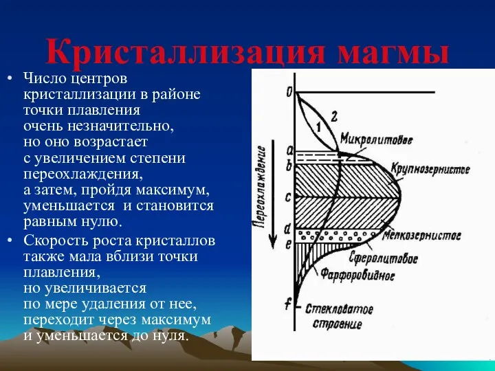 Кристаллизация магмы Число центров кристаллизации в районе точки плавления очень