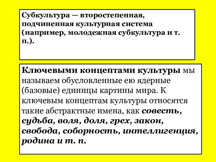 Субкультура — второстепенная, подчиненная культурная система (например, молодежная субкультура и