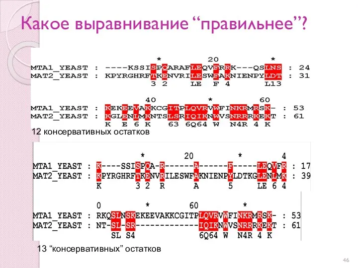 Какое выравнивание “правильнее”? 13 “консервативных” остатков 12 консервативных остатков