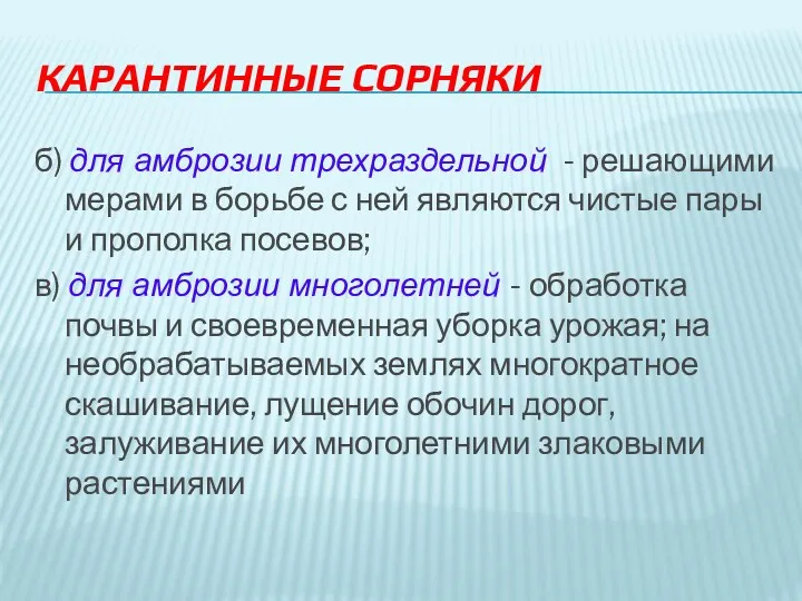 КАРАНТИННЫЕ СОРНЯКИ б) для амброзии трехраздельной - решающими мерами в