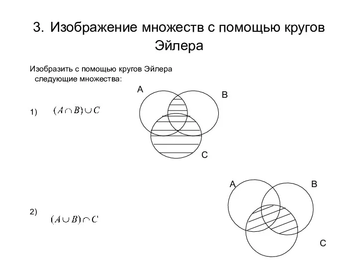 3. Изображение множеств с помощью кругов Эйлера Изобразить с помощью кругов Эйлера следующие множества: 1) 2)