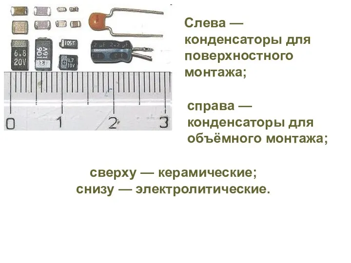 сверху — керамические; снизу — электролитические. Слева — конденсаторы для