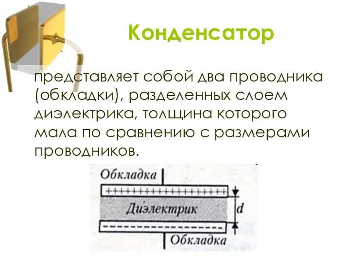 представляет собой два проводника (обкладки), разделенных слоем диэлектрика, толщина которого