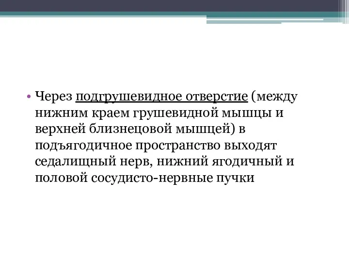 Через подгрушевидное отверстие (между нижним краем грушевидной мышцы и верхней