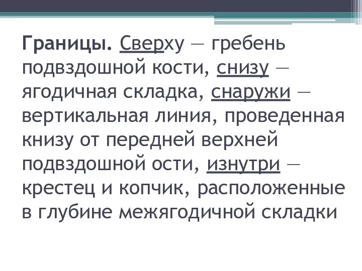 Границы. Сверху — гребень подвздошной кости, снизу — ягодичная складка,