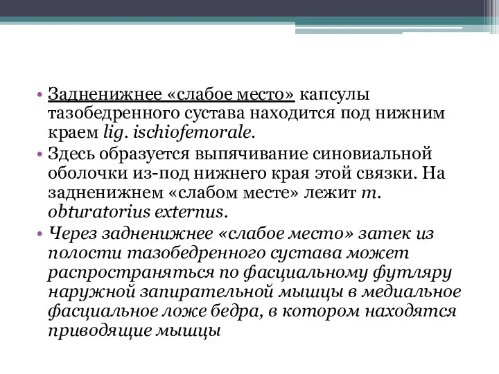 Задненижнее «слабое место» капсулы тазобедренного сустава находится под нижним краем