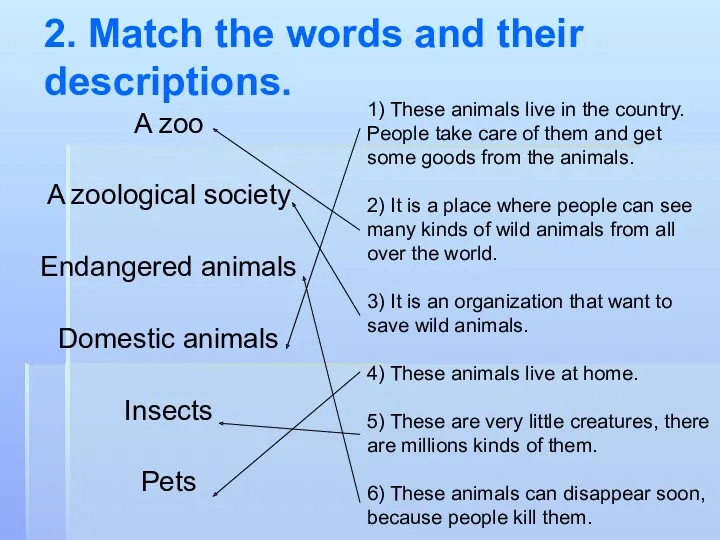 2. Match the words and their descriptions. A zoo A