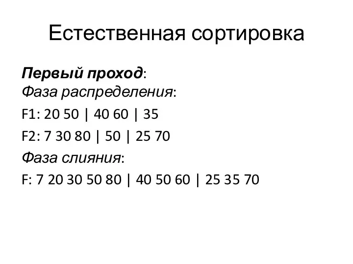 Естественная сортировка Первый проход: Фаза распределения: F1: 20 50 |