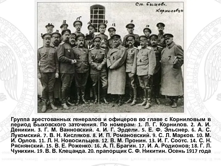 Группа арестованных генералов и офицеров во главе с Корниловым в