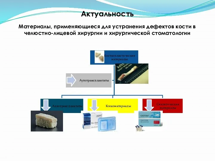 Актуальность Материалы, применяющиеся для устранения дефектов кости в челюстно-лицевой хирургии и хирургической стоматологии