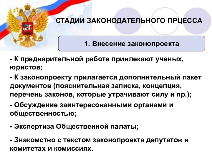 СТАДИИ ЗАКОНОДАТЕЛЬНОГО ПРЦЕССА 1. Внесение законопроекта - К предварительной работе