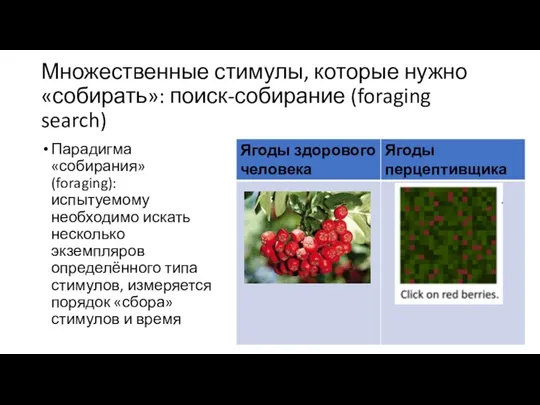 Множественные стимулы, которые нужно «собирать»: поиск-собирание (foraging search) Парадигма «собирания»