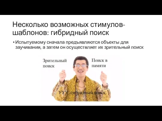 Несколько возможных стимулов-шаблонов: гибридный поиск Испытуемому сначала предъявляются объекты для