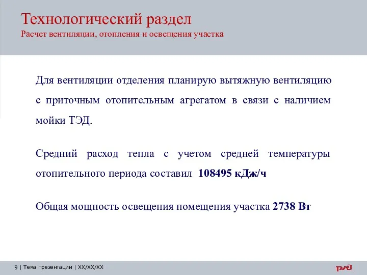 Технологический раздел Расчет вентиляции, отопления и освещения участка Для вентиляции