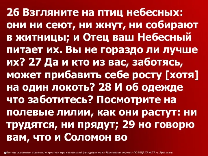 26 Взгляните на птиц небесных: они ни сеют, ни жнут,