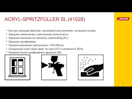 ACRYL-SPRITZFÜLLER SL (41028) Быстро сохнущий фюллер, наносимый распылением, на водной основе Хорошее наполнение