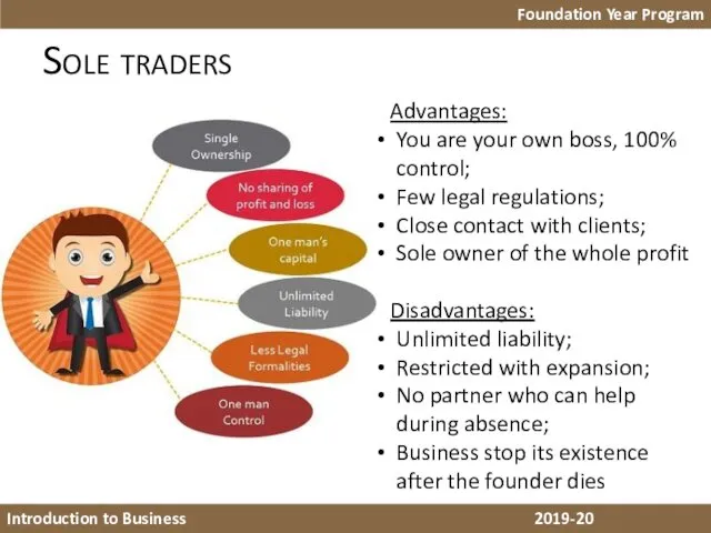 Sole traders Foundation Year Program Introduction to Business 2018-19 Advantages: