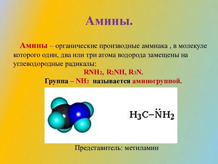 Амины. Амины – органические производные аммиака , в молекуле которого