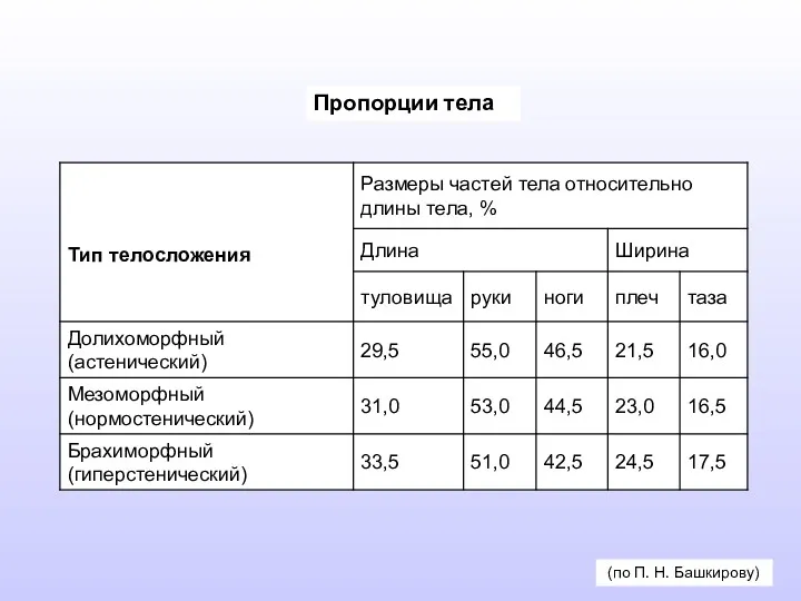 Пропорции тела (по П. Н. Башкирову)