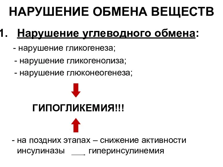 НАРУШЕНИЕ ОБМЕНА ВЕЩЕСТВ Нарушение углеводного обмена: - нарушение гликогенеза; -