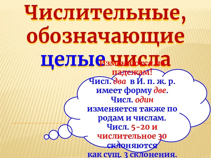 Числительные, обозначающие целые числа Изменяются по падежам! Числ. два в