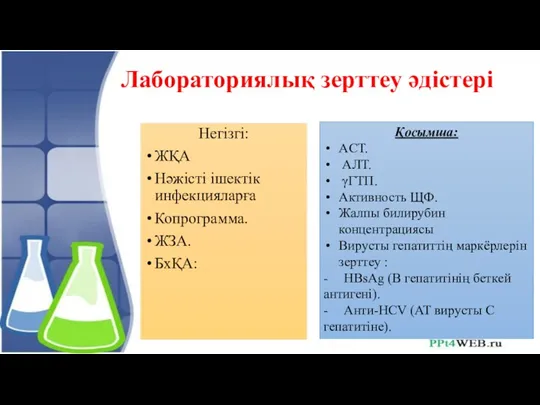 Лабораториялық зерттеу әдістері Негізгі: ЖҚА Нәжісті ішектік инфекцияларға Копрограмма. ЖЗА.