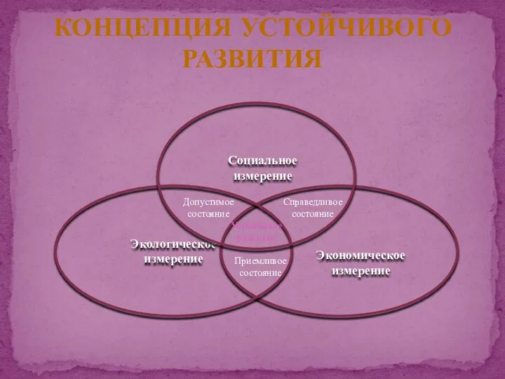 КОНЦЕПЦИЯ УСТОЙЧИВОГО РАЗВИТИЯ Экологическое измерение Экономическое измерение Социальное измерение Приемливое