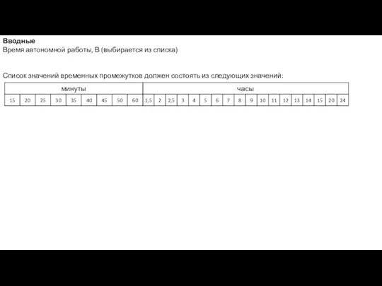 Вводные Время автономной работы, В (выбирается из списка) Список значений
