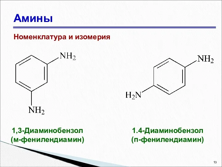 Амины Номенклатура и изомерия 1,3-Диаминобензол (м-фенилендиамин) 1.4-Диаминобензол (п-фенилендиамин)