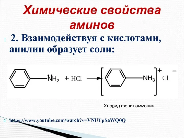 2. Взаимодействуя с кислотами, анилин образует соли: https://www.youtube.com/watch?v=VNUTpSaWQ0Q Химические свойства аминов Хлорид фениламмония